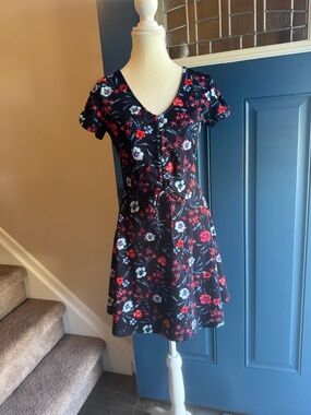 mi ami Floral A-Line Short Sleeve Dress with Red & Light Blue Flowers